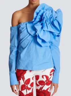 Cheap Asymmetric Poplin Shirt With Rose Women Tops And Shirts