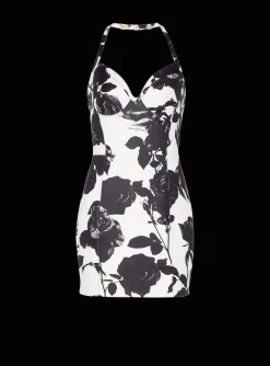 Cheap Black And Roses Leather Halterneck Dress Women Dresses