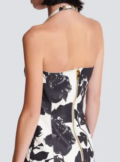 Cheap Black And Roses Leather Halterneck Dress Women Dresses