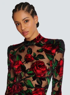 Fashion Burnout Velvet Dress With Rose Print Women Dresses