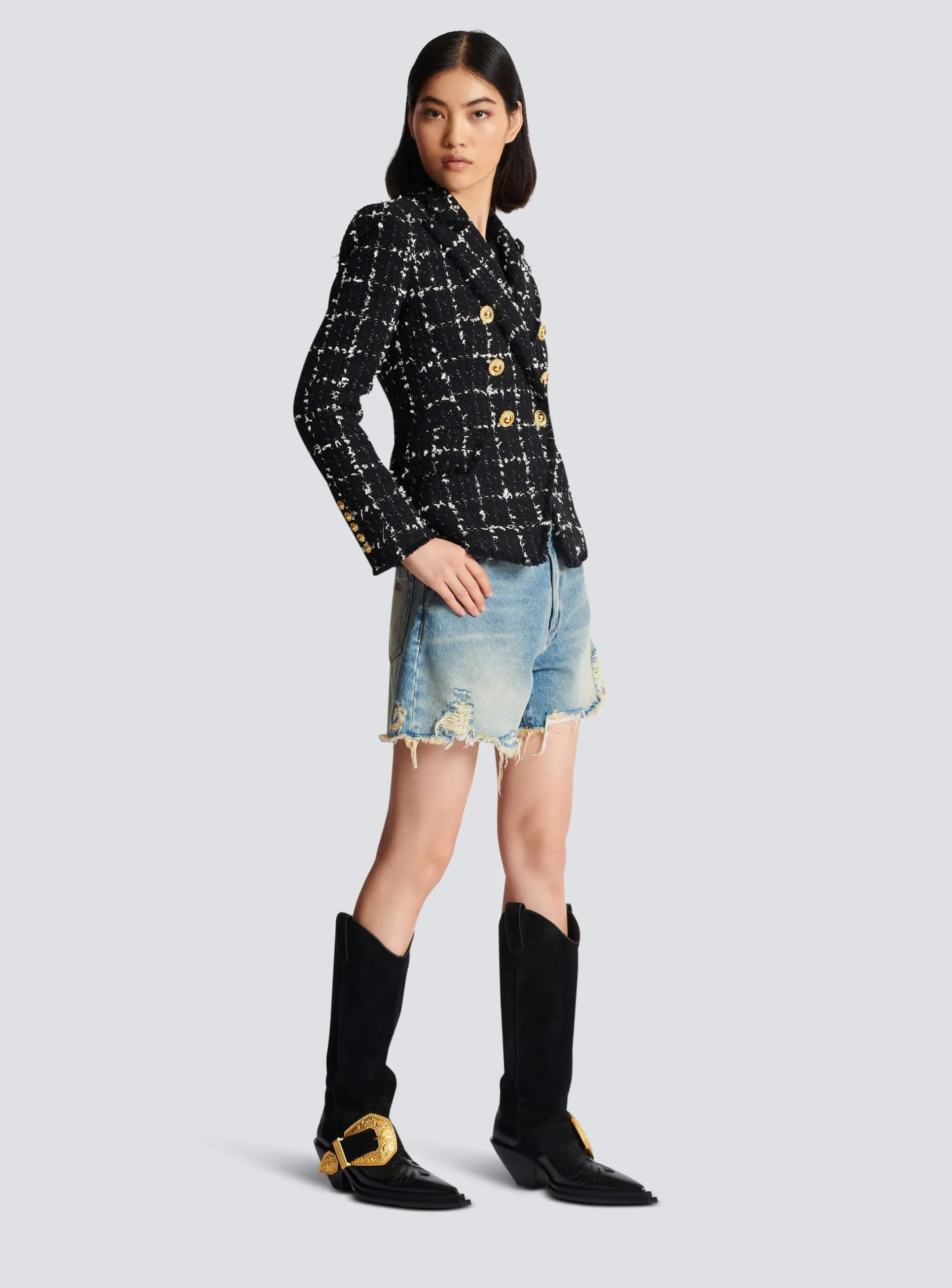 Cheap Check Tweed 6-button Jacket Women Jackets And Blazers