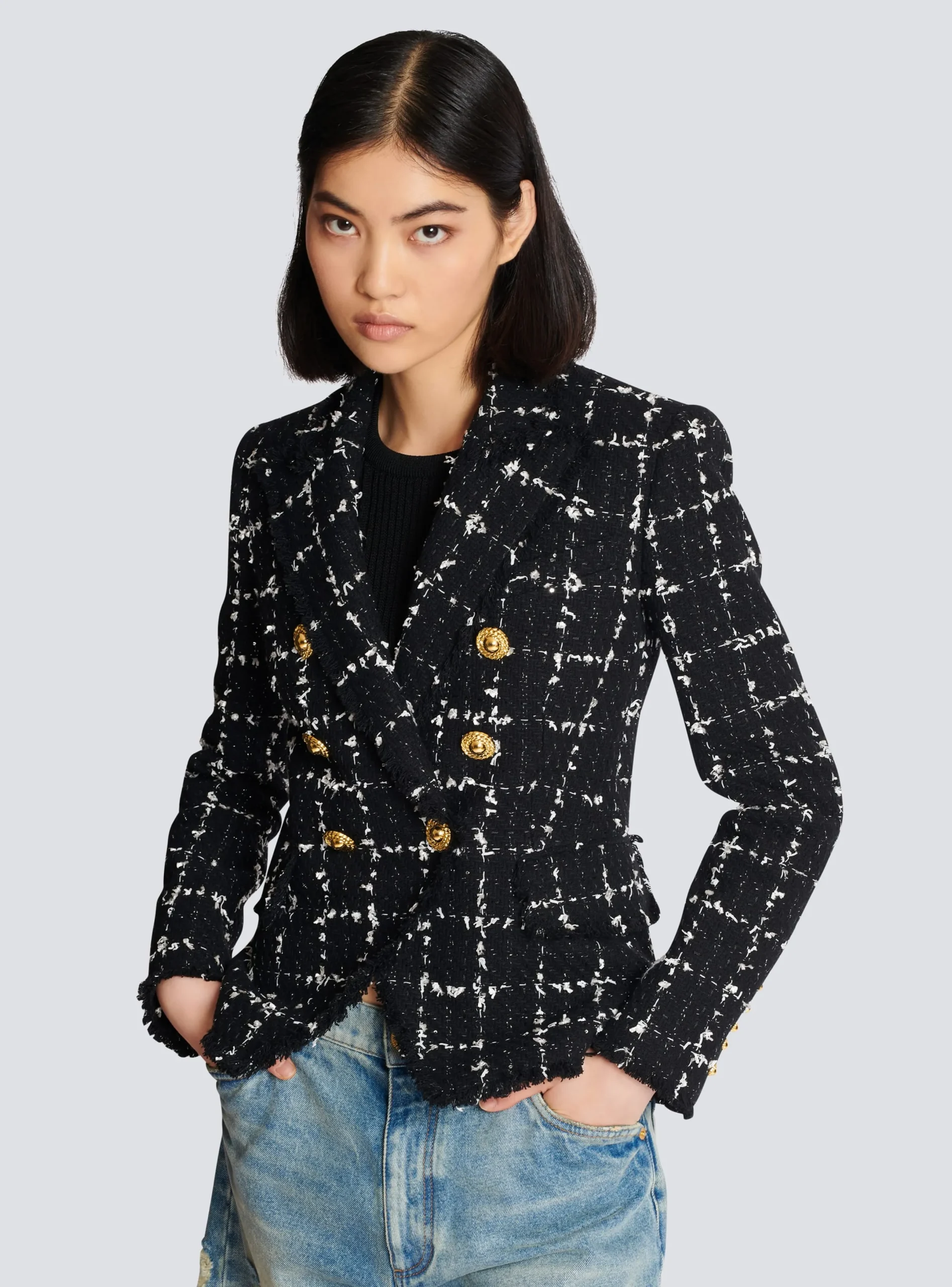 Cheap Check Tweed 6-button Jacket Women Jackets And Blazers