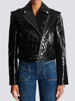 Cheap Crocodile-effect Leather Biker Jacket Women Outerwear