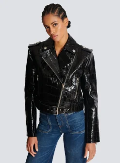 Cheap Crocodile-effect Leather Biker Jacket Women Outerwear