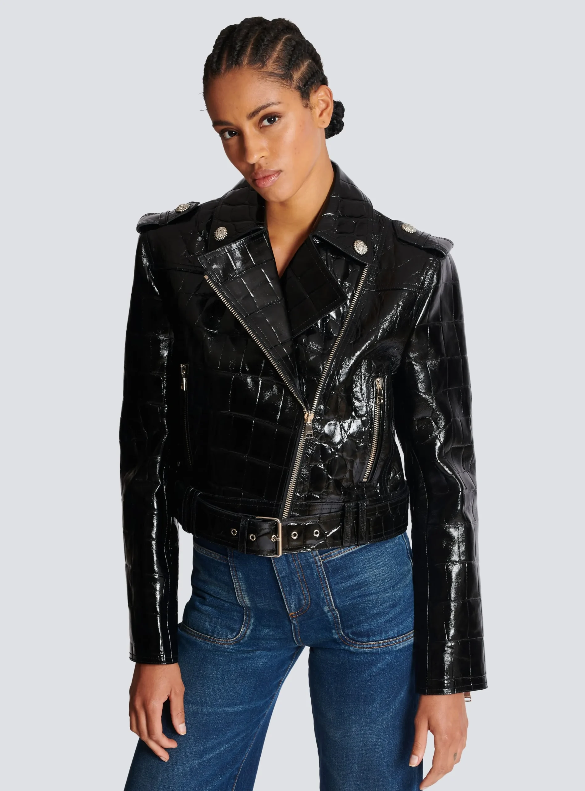 Cheap Crocodile-effect Leather Biker Jacket Women Outerwear