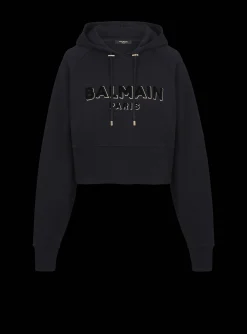 Clearance Cropped Cotton Sweatshirt With Flocked Metallic Logo Women Sweatshirts