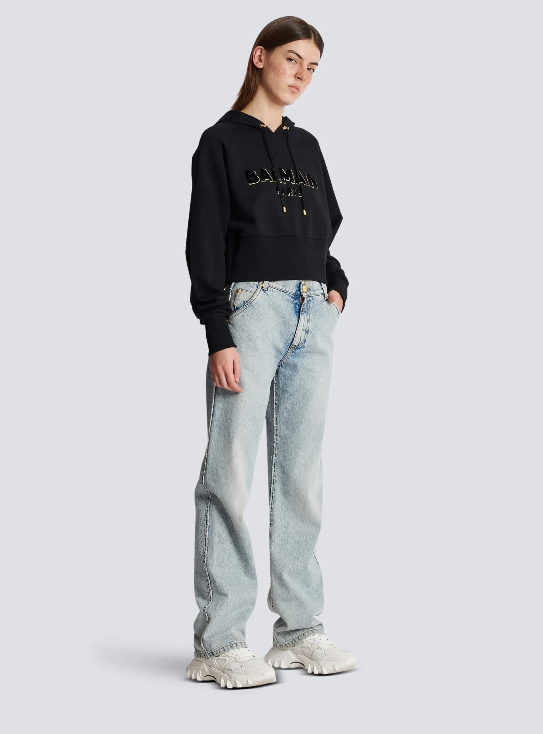 Clearance Cropped Cotton Sweatshirt With Flocked Metallic Logo Women Sweatshirts