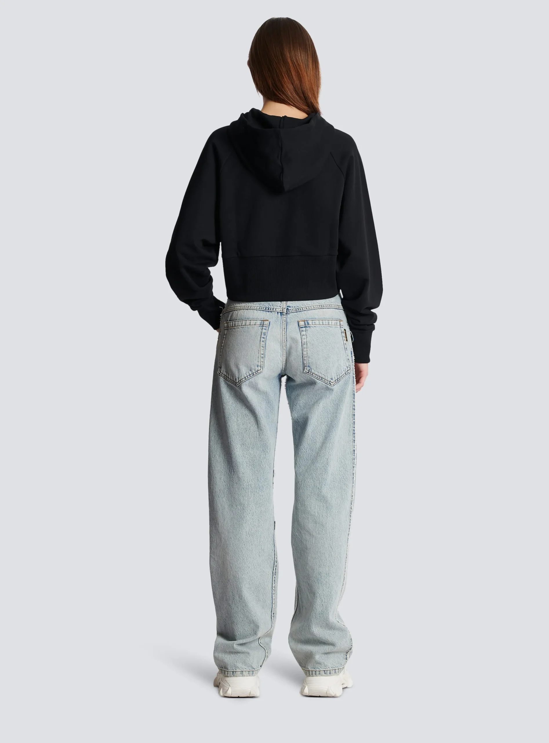 Clearance Cropped Cotton Sweatshirt With Flocked Metallic Logo Women Sweatshirts