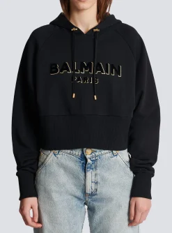 Clearance Cropped Cotton Sweatshirt With Flocked Metallic Logo Women Sweatshirts