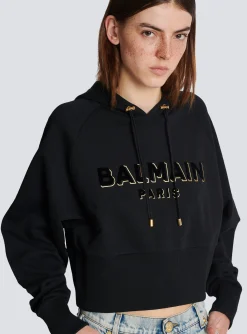 Clearance Cropped Cotton Sweatshirt With Flocked Metallic Logo Women Sweatshirts