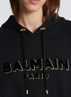Clearance Cropped Cotton Sweatshirt With Flocked Metallic Logo Women Sweatshirts