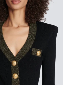 Cheap Cropped Knit Cardigan With Gold Trim Women Knitwear
