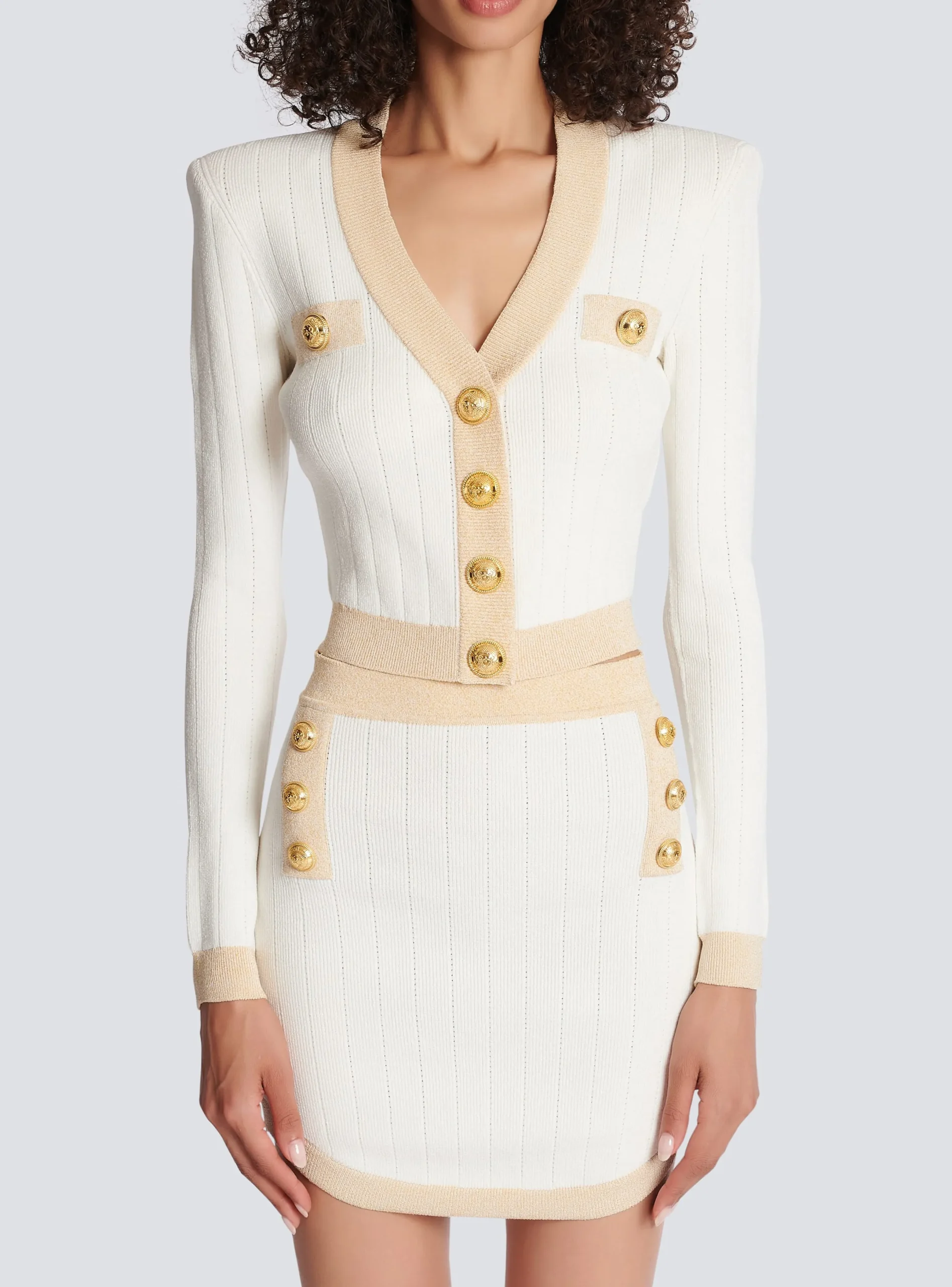 Cheap Cropped Knit Cardigan With Gold Trim Women Knitwear