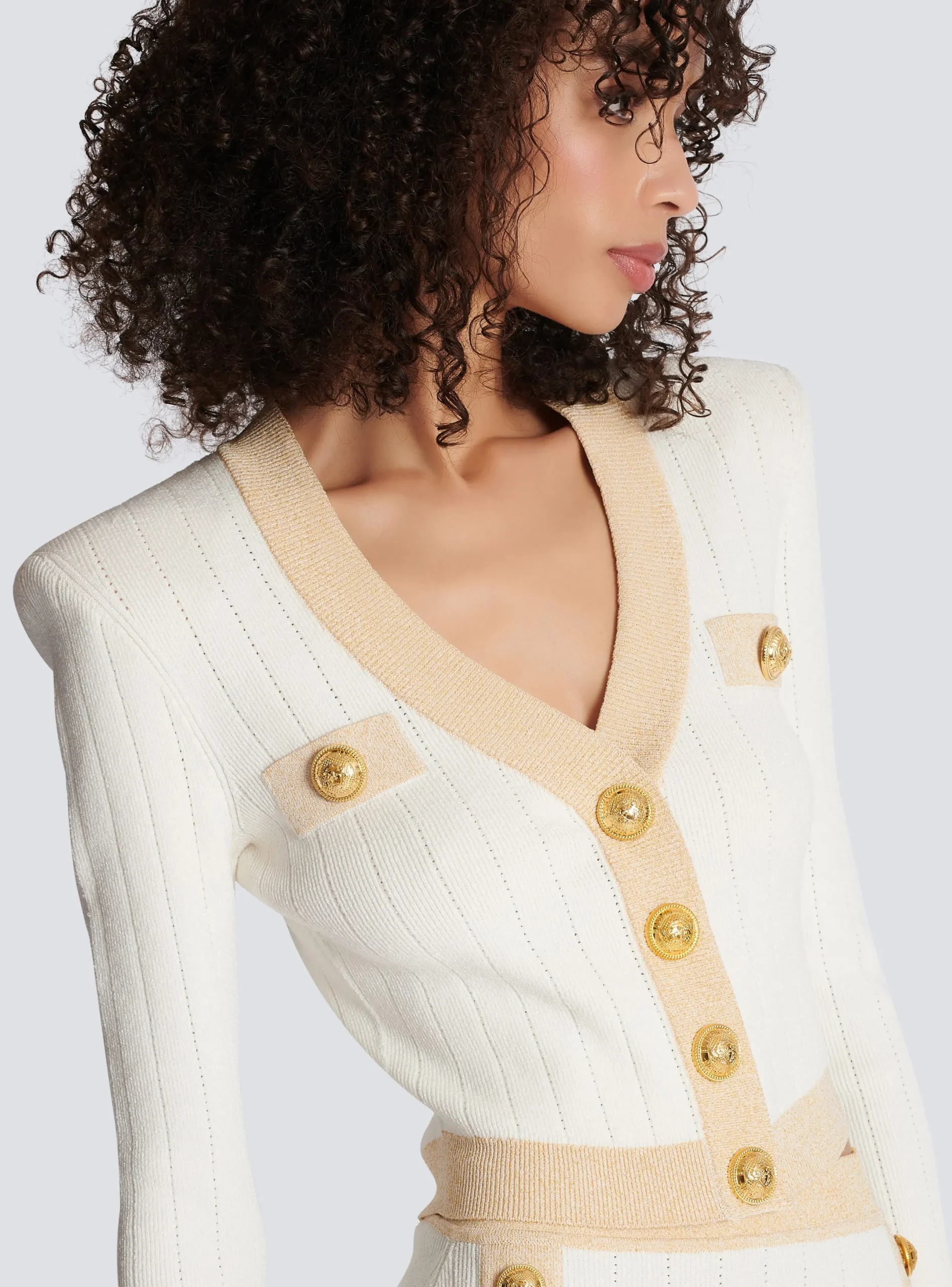 Cheap Cropped Knit Cardigan With Gold Trim Women Knitwear