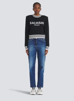 Shop Cropped Wool Sweatshirt With Logo Women Knitwear