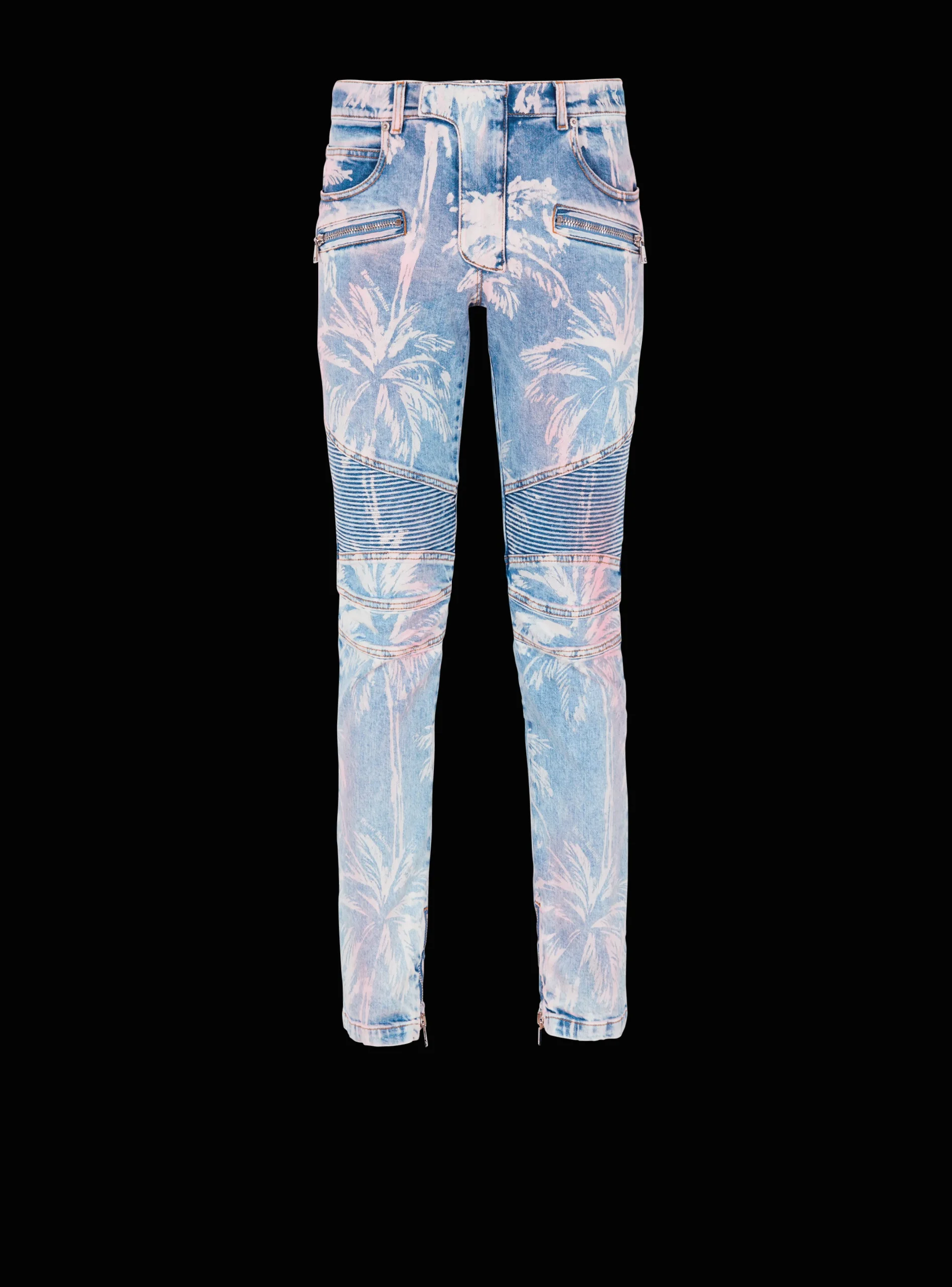 Flash Sale Denim Biker Jeans With A Palm Tree Print Denim