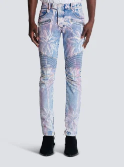 Flash Sale Denim Biker Jeans With A Palm Tree Print Denim