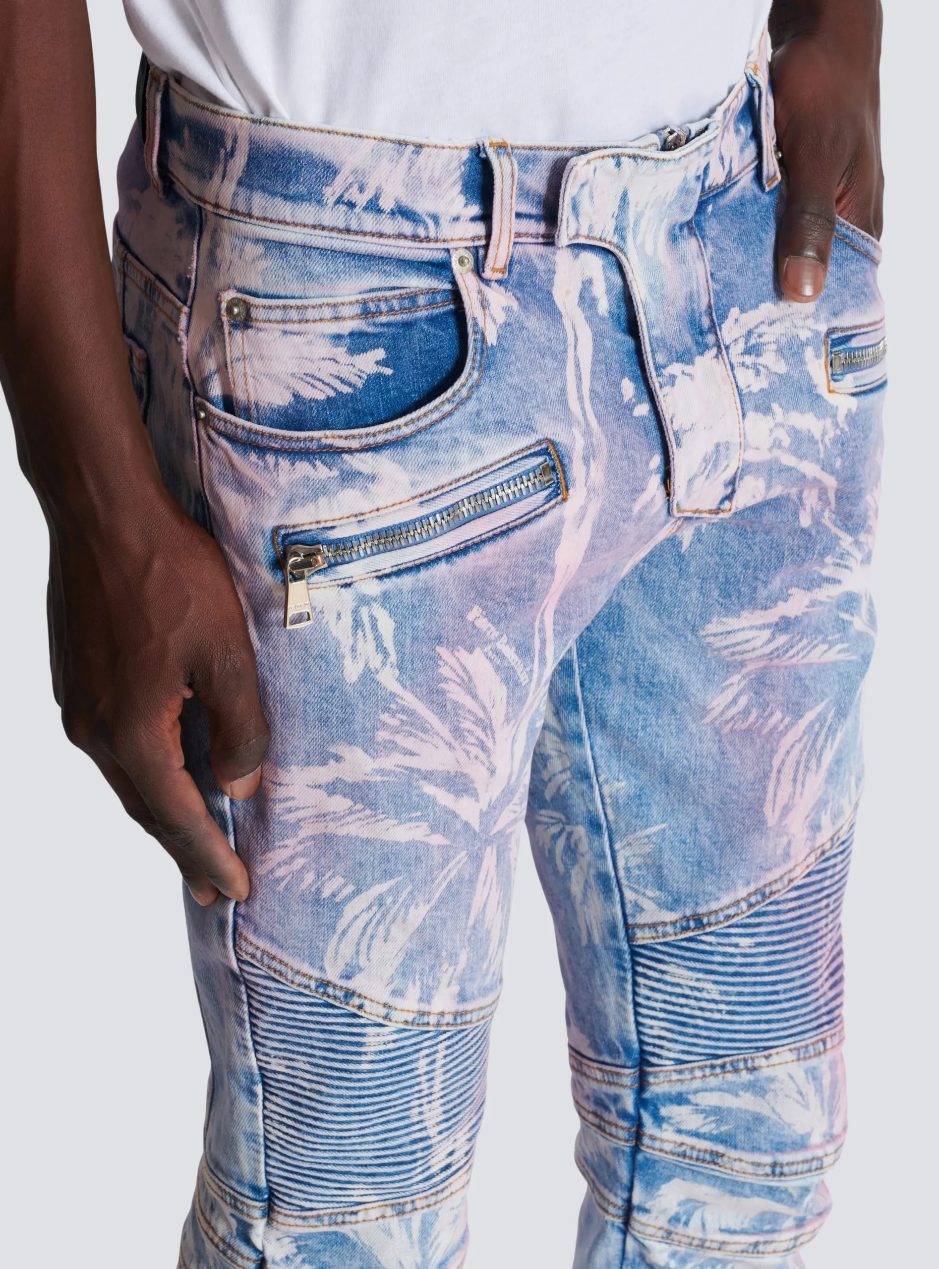 Flash Sale Denim Biker Jeans With A Palm Tree Print Denim