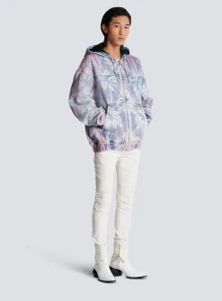 Sale Denim Hooded Bomber Jacket With Palm Tree Print Outerwear|Denim