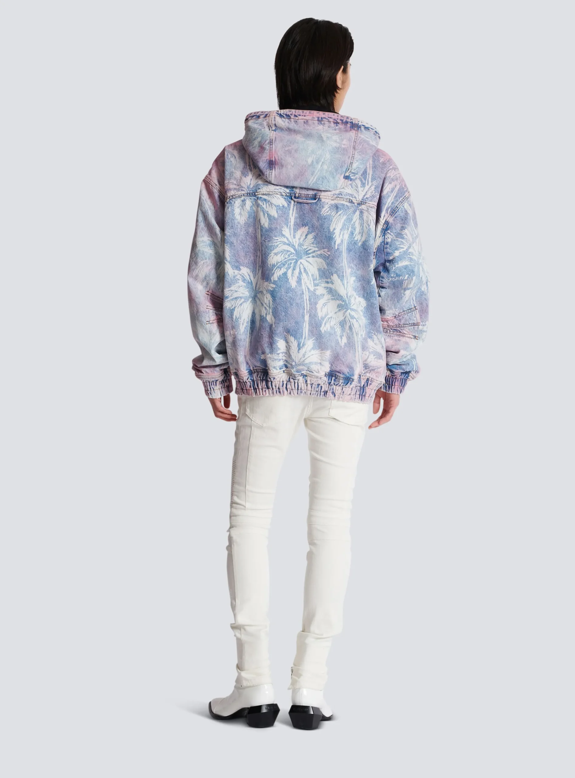 Sale Denim Hooded Bomber Jacket With Palm Tree Print Outerwear|Denim