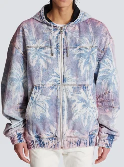 Sale Denim Hooded Bomber Jacket With Palm Tree Print Outerwear|Denim