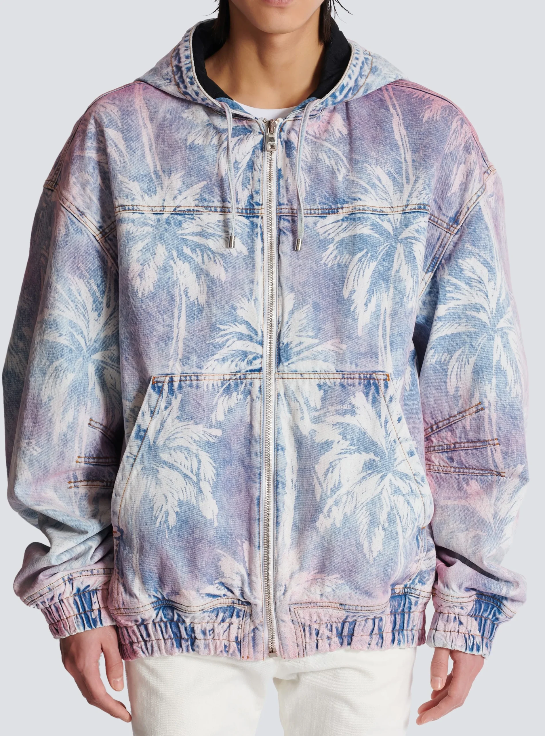 Sale Denim Hooded Bomber Jacket With Palm Tree Print Outerwear|Denim