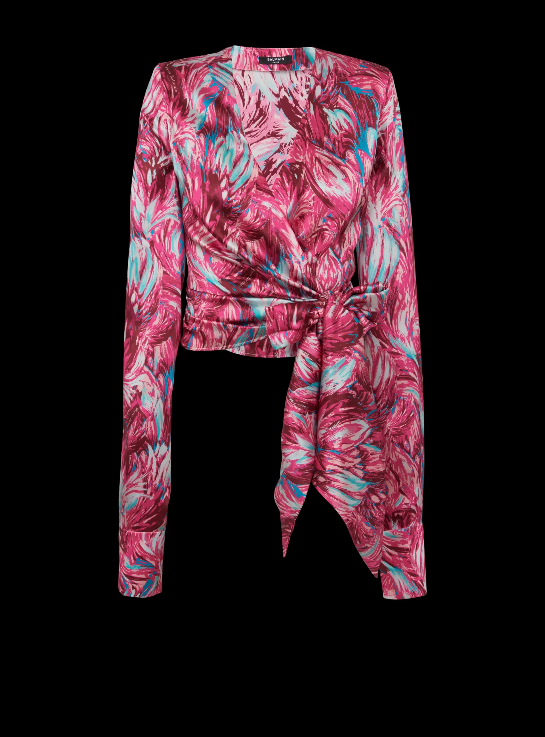 Best Sale Feather Print Satin Wrap Blouse Women Tops And Shirts