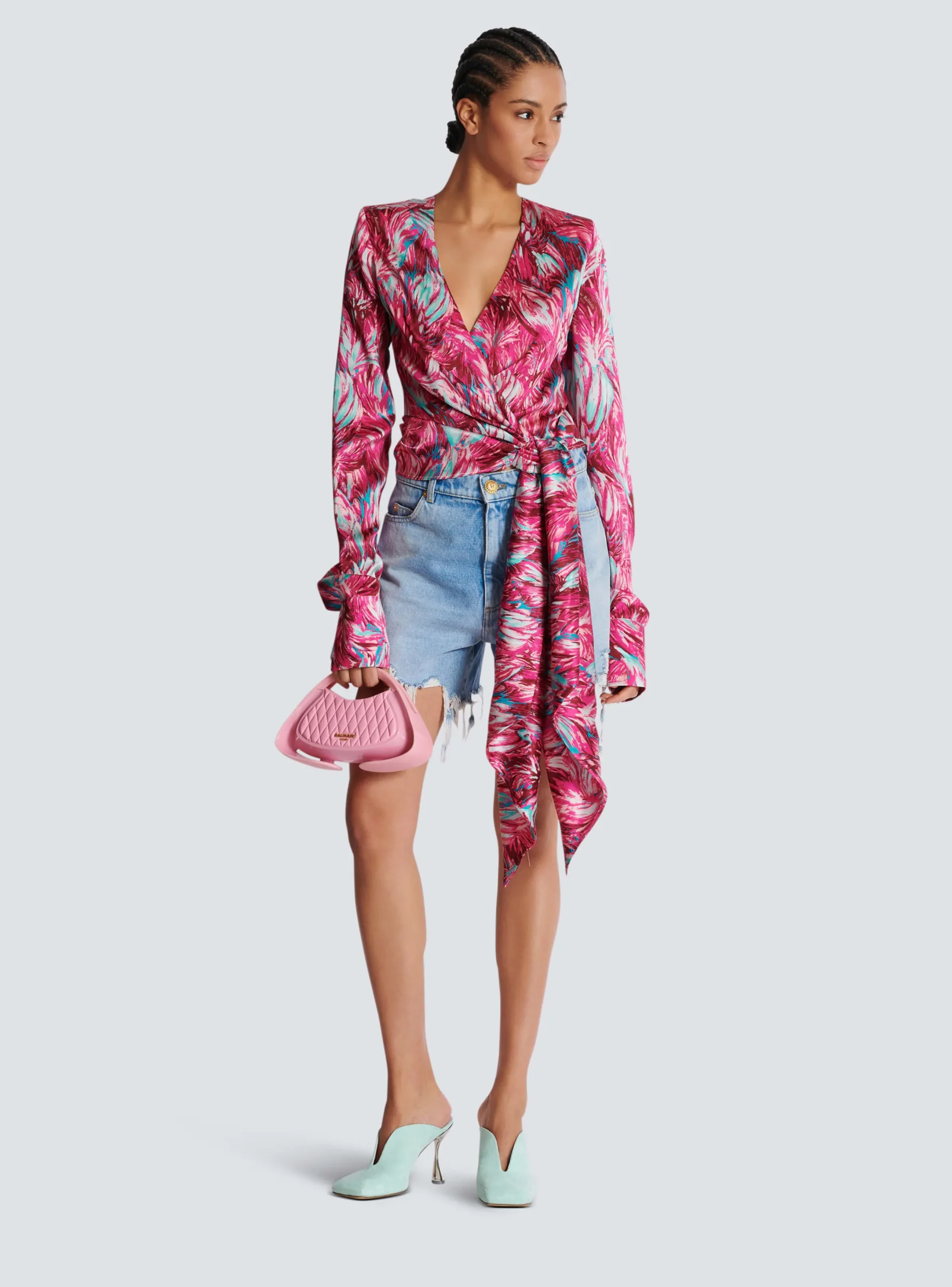 Best Sale Feather Print Satin Wrap Blouse Women Tops And Shirts