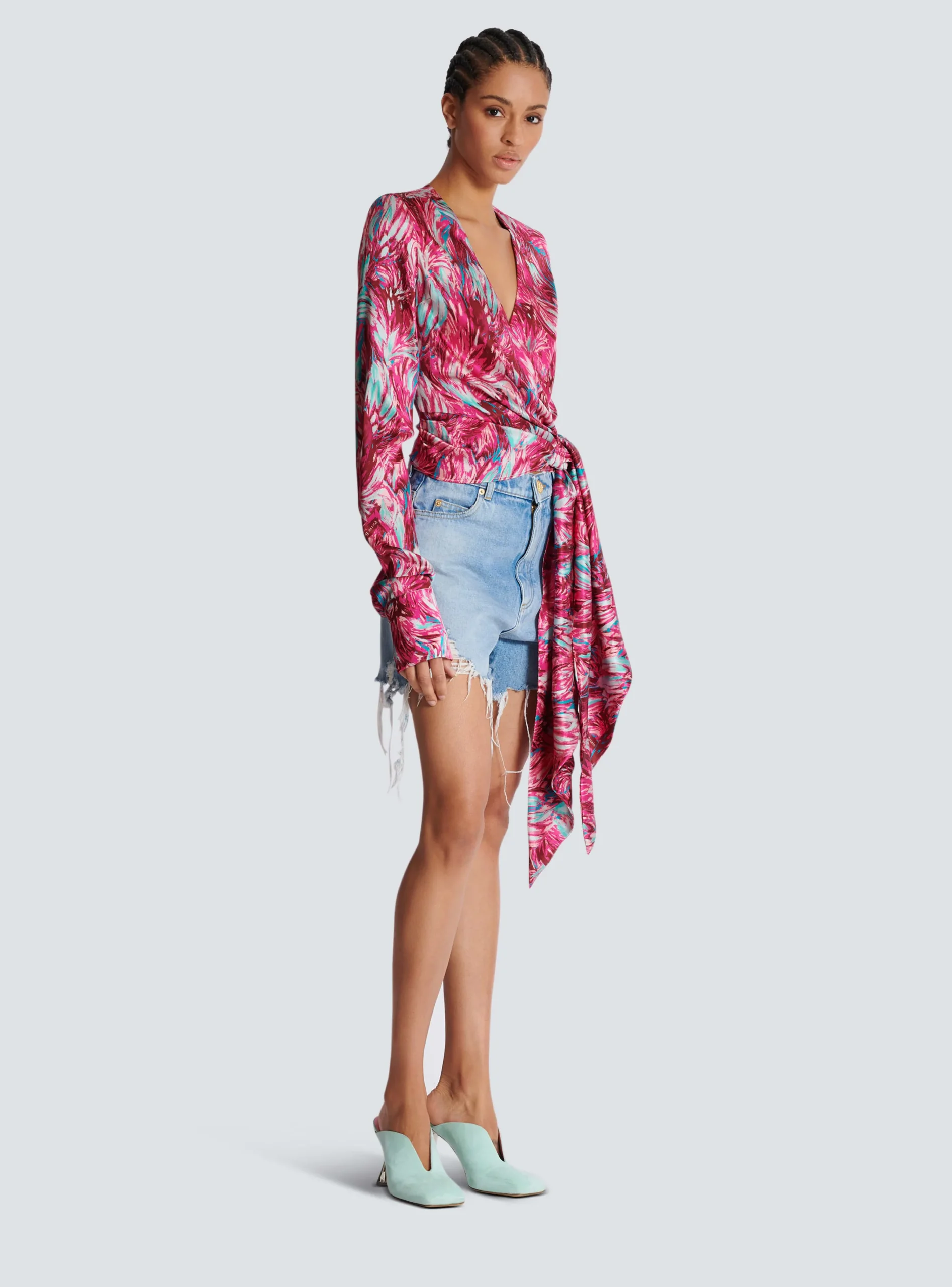 Best Sale Feather Print Satin Wrap Blouse Women Tops And Shirts