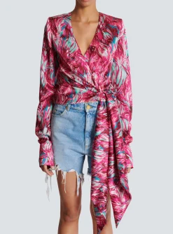 Best Sale Feather Print Satin Wrap Blouse Women Tops And Shirts