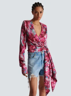 Best Sale Feather Print Satin Wrap Blouse Women Tops And Shirts