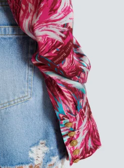 Best Sale Feather Print Satin Wrap Blouse Women Tops And Shirts