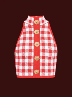 New Fine Gingham Knit Tank Top Women Knitwear|Tops And Shirts