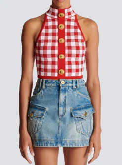 New Fine Gingham Knit Tank Top Women Knitwear|Tops And Shirts