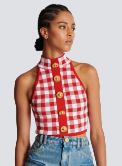 New Fine Gingham Knit Tank Top Women Knitwear|Tops And Shirts