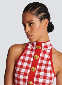 New Fine Gingham Knit Tank Top Women Knitwear|Tops And Shirts