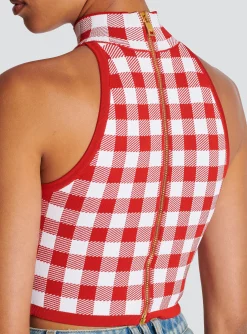 New Fine Gingham Knit Tank Top Women Knitwear|Tops And Shirts