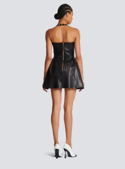 Store Flared Pleated Halterneck Dress In Leather Women Dresses
