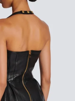 Store Flared Pleated Halterneck Dress In Leather Women Dresses