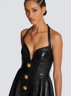 Store Flared Pleated Halterneck Dress In Leather Women Dresses
