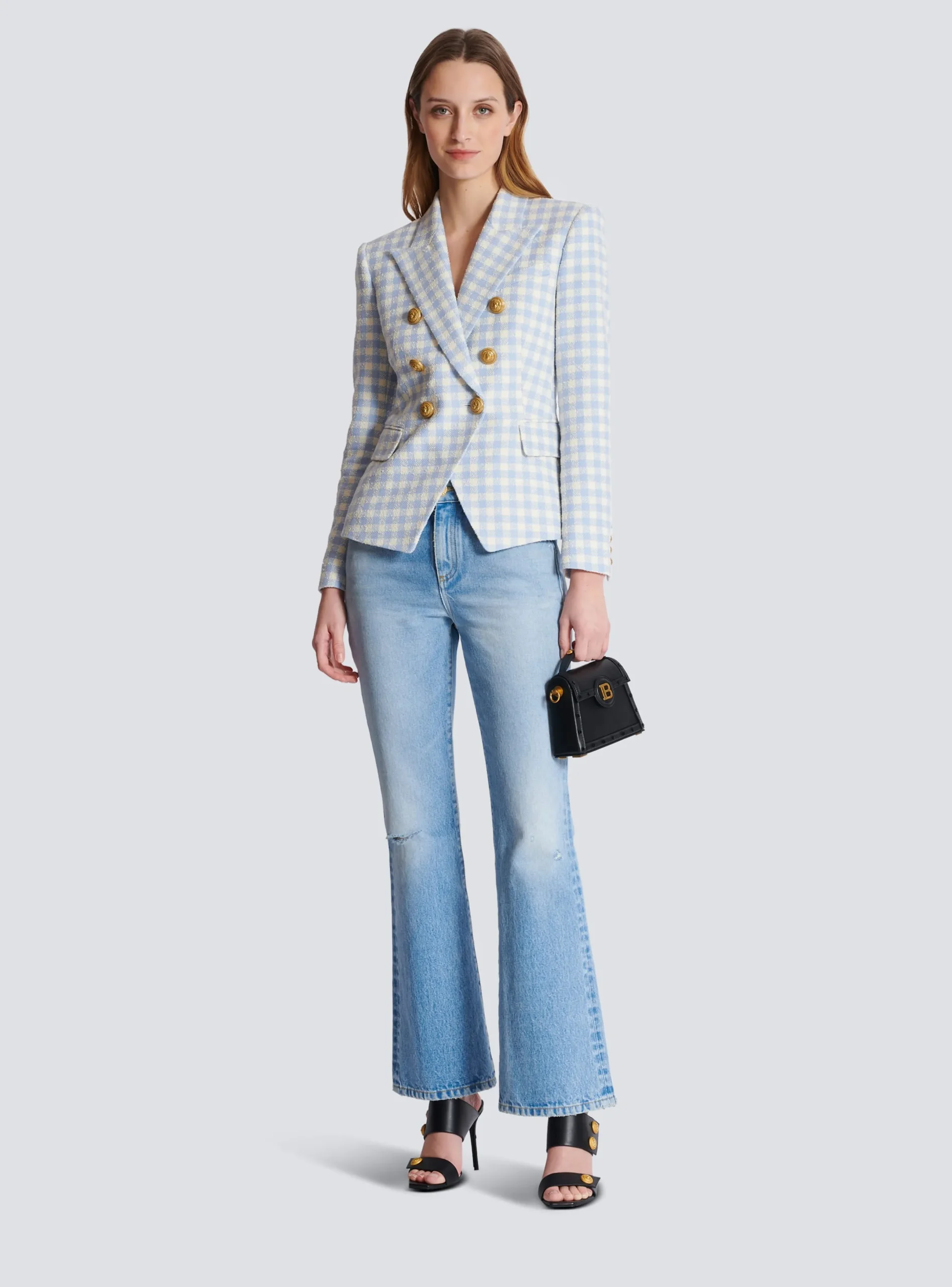 Shop Gingham Tweed 6-button Jacket Women Jackets And Blazers