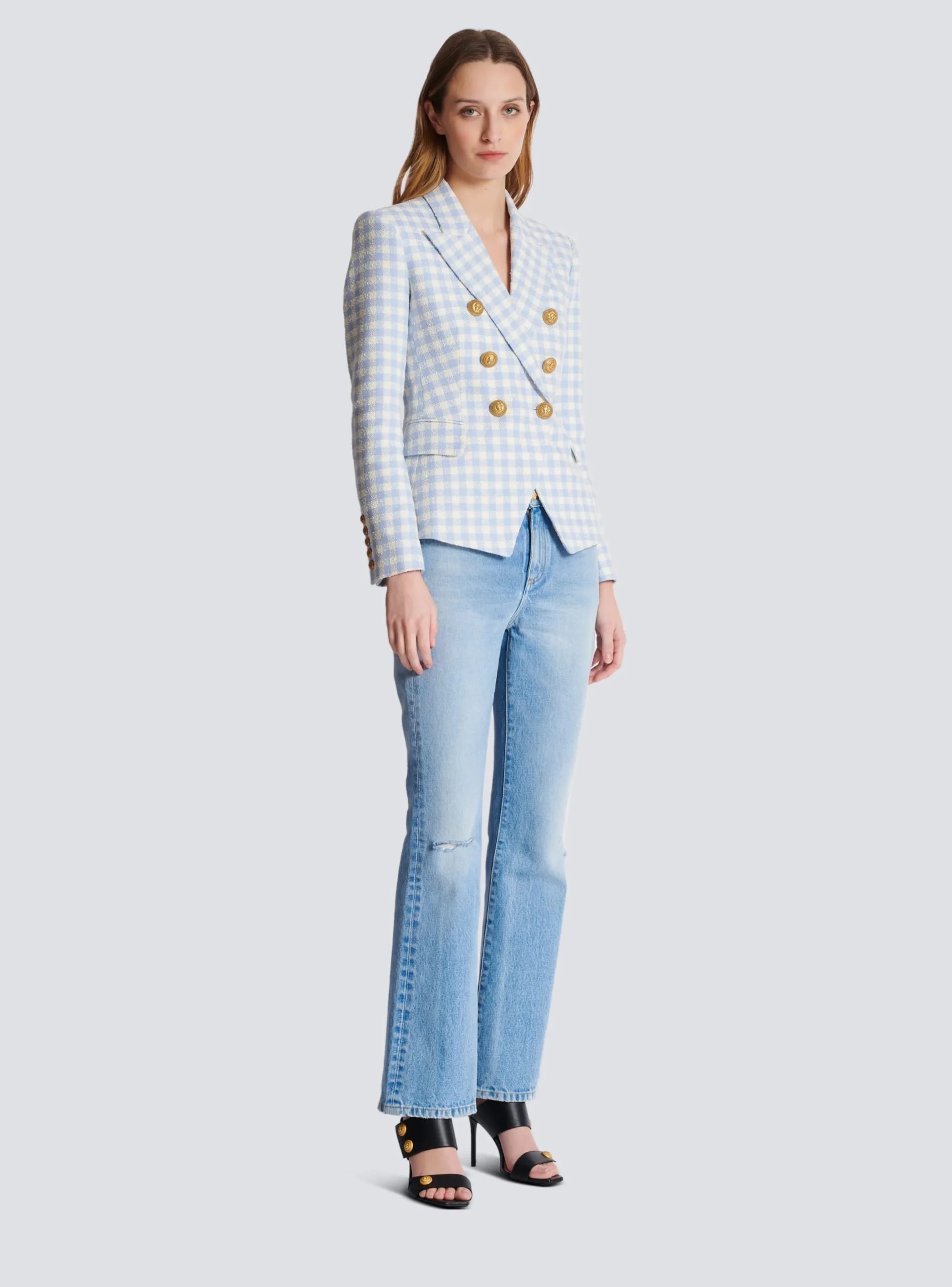 Shop Gingham Tweed 6-button Jacket Women Jackets And Blazers