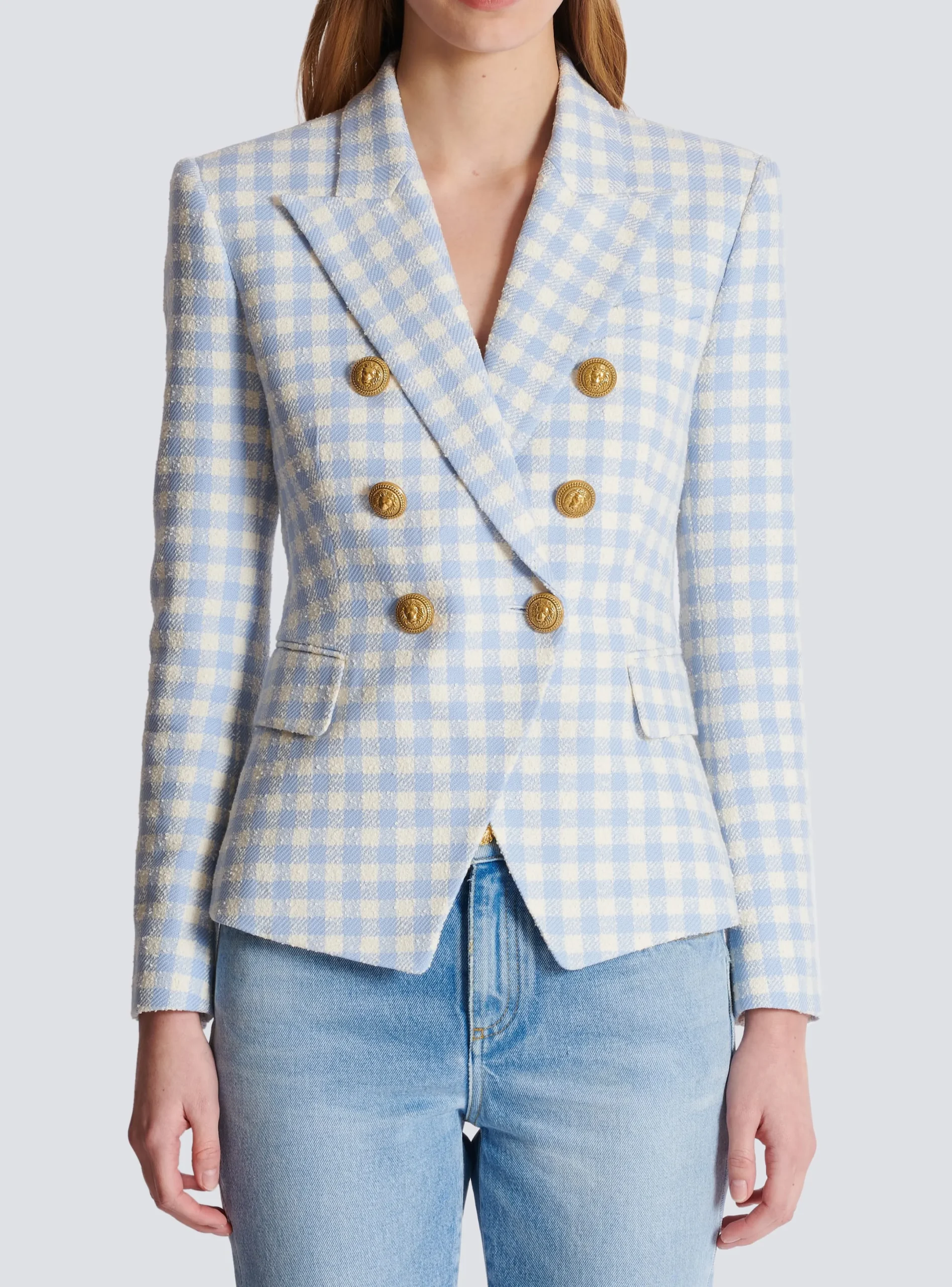 Shop Gingham Tweed 6-button Jacket Women Jackets And Blazers