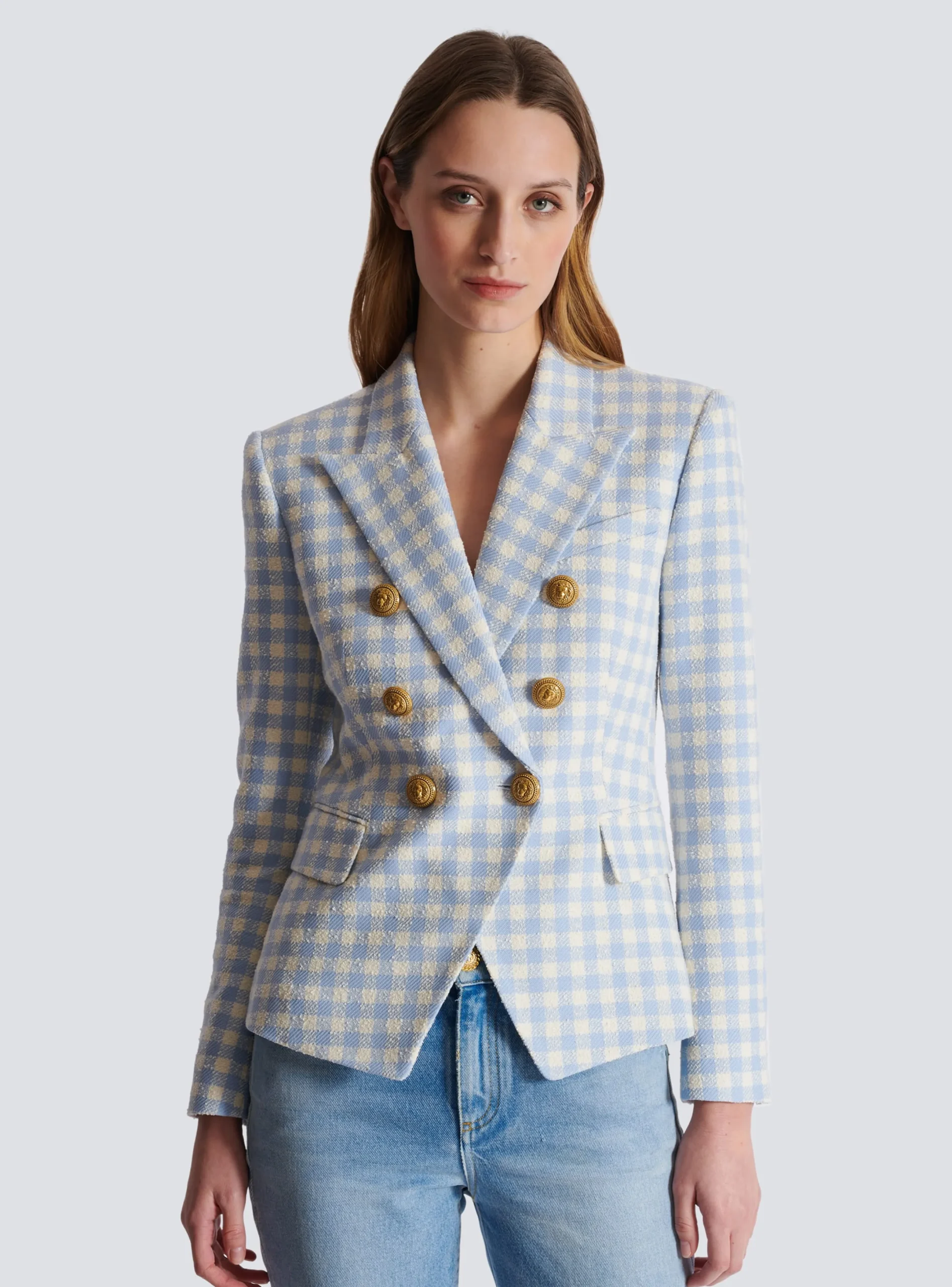 Shop Gingham Tweed 6-button Jacket Women Jackets And Blazers