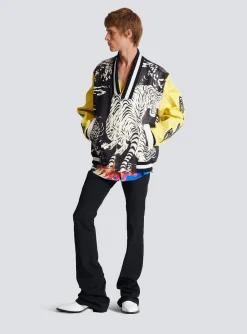 Cheap Leather Varsity Jacket With Tiger Print Outerwear