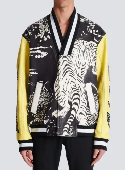 Cheap Leather Varsity Jacket With Tiger Print Outerwear