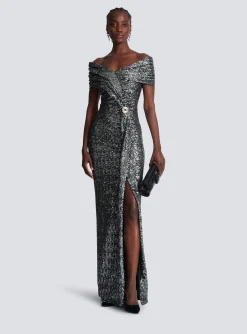 Online Long Draped Sequin Dress Women Dresses