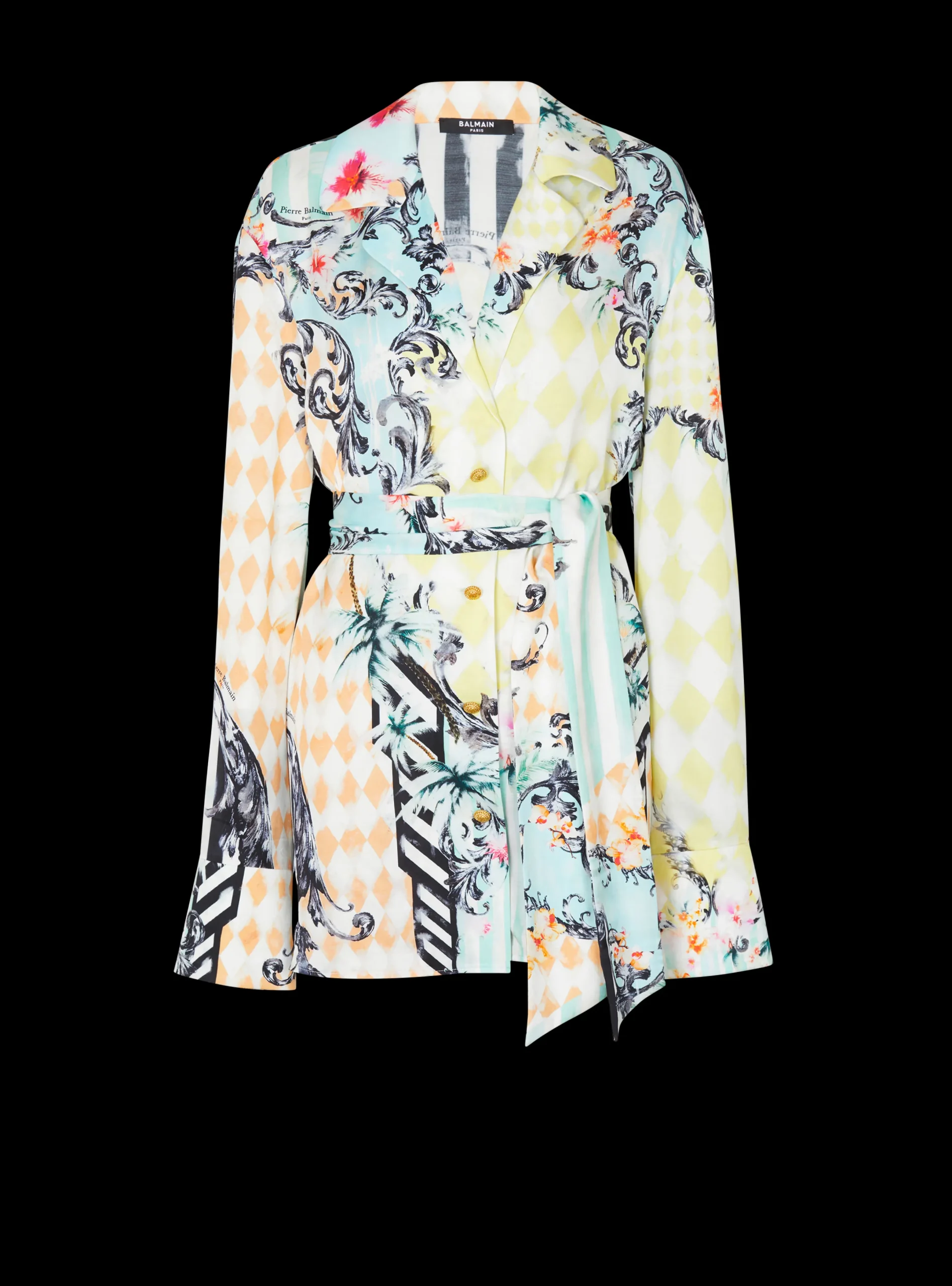 New Loose Belted Shirt With Baroque Print Women Tops And Shirts