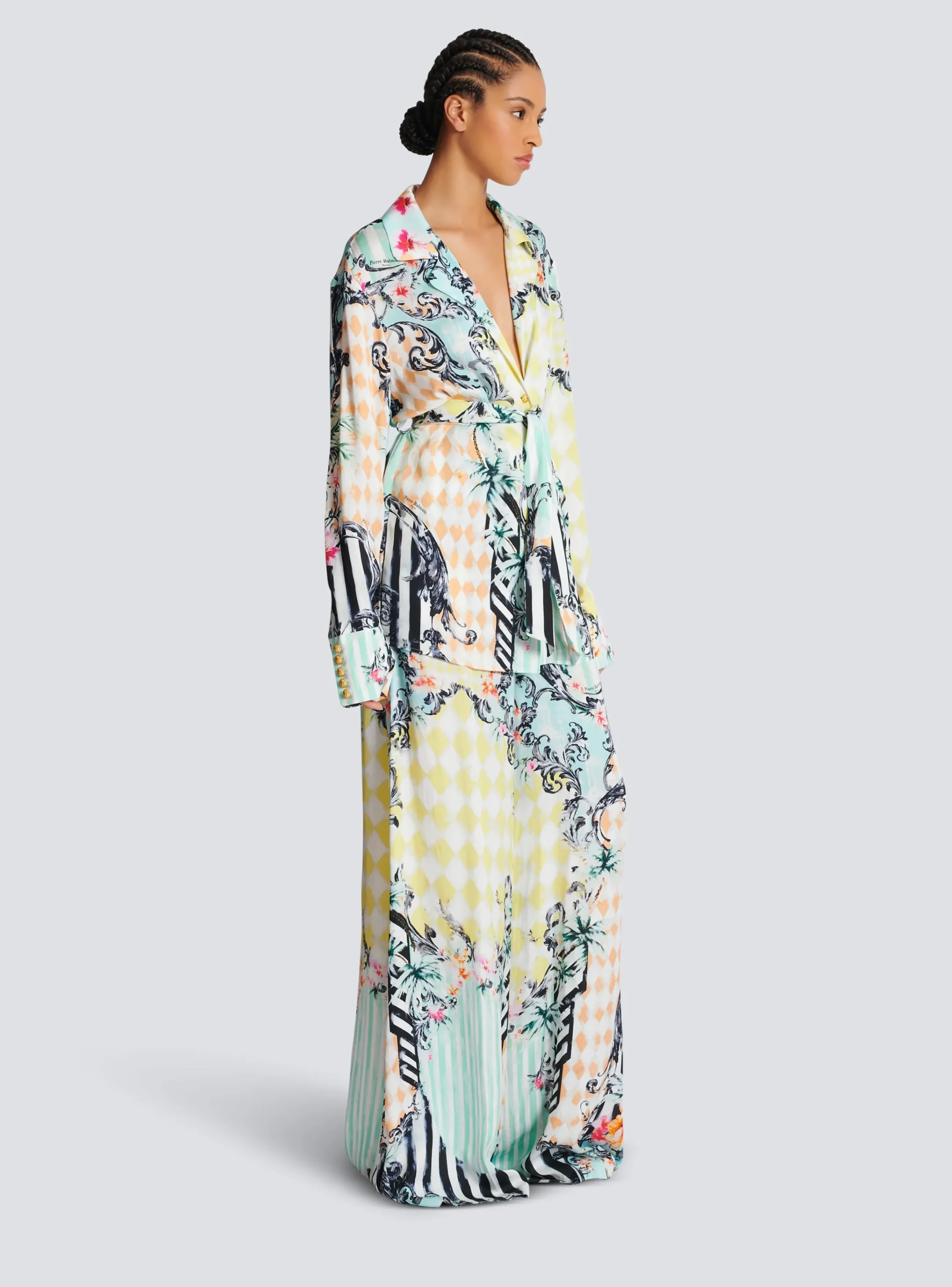 New Loose Belted Shirt With Baroque Print Women Tops And Shirts