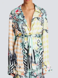 New Loose Belted Shirt With Baroque Print Women Tops And Shirts
